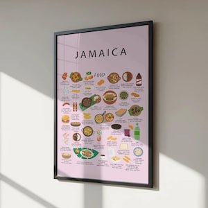 Puede incluir: Un póster enmarcado con fondo rosa, con la palabra "JAMAICA" en la parte superior. El póster muestra ilustraciones de varios platos jamaicanos con etiquetas, incluyendo empanadas, pollo jerk y ackee y bacalao.