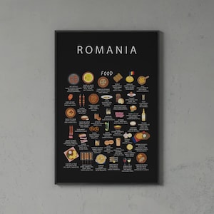 May include: Black framed poster with the word "ROMANIA" at the top and "FOOD" below it. The poster features illustrations of various Romanian dishes, with text labels in white. The Romanian flag is in the upper right corner.