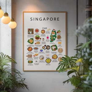 Poster culinaire de Singapour, blanc | Impression alimentaire de rue Hawker Center | Art mural cuisine cuisine d'Asie du Sud-Est | Cadeau pour les gourmets et les expatriés