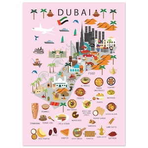 Poster enfant Dubaï rose - Carte éducative colorée pour une décoration de chambre d'enfant | Décoration murale Aventure arabe amusante par Maison Maps