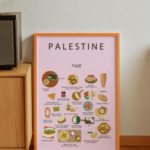 Póster de comida palestina rosa / Arte mural de cocina / Maqluba, Musakhan Kanafeh / Regalo para amantes de la comida en el extranjero