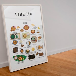 Póster de comida liberiana en blanco / Arte mural de auténtica cocina liberiana / Arroz jollof, salsa palava, sopa de pimienta / Decoración de cocina / Regalo para expatriados