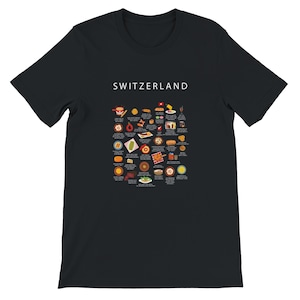 Camiseta de Suiza para amantes de la comida / Camiseta de fondue, rösti, raclette y chocolate suizo / Pijama acogedor para estar en casa / Regalo para expatriados y amantes de la gastronomía
