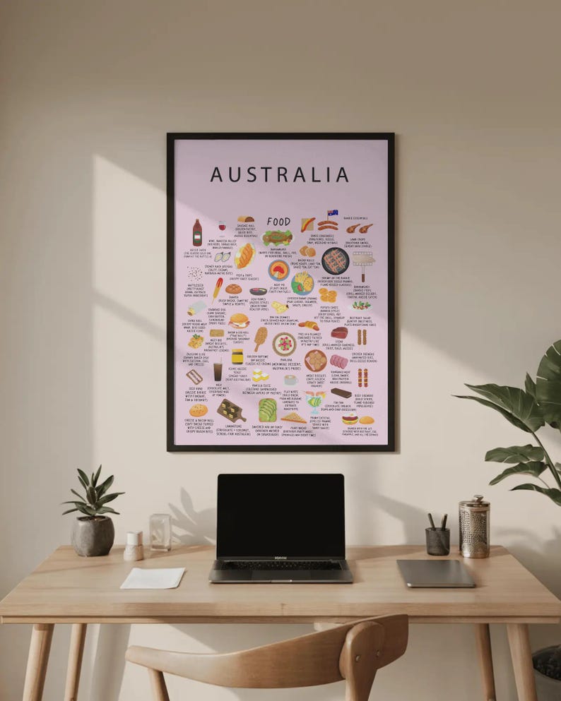 Australia food poster with meat pie, lamingtons, pavlova, fairy bread, avocado toast, fish and chips, grilled prawns, and Aussie street food classics. Colorful Australian cuisine wall art for kitchen decor and travel lovers.