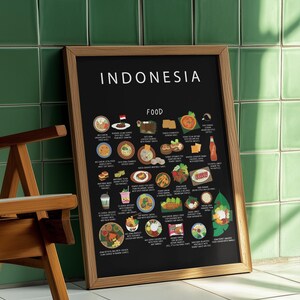 Cartel de comida de Indonesia / Auténtico arte de pared de cocina indonesia / Nasi Goreng, Satay, Rendang / Decoración de cocina balinesa / Regalo de expatriado