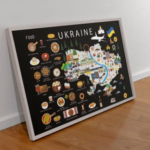 Poster pour enfants de l'Ukraine : carte colorée et amusante de l'Ukraine avec des plats traditionnels pour décoration de chambre d'enfants | Décoration murale mignonne par Maison Maps