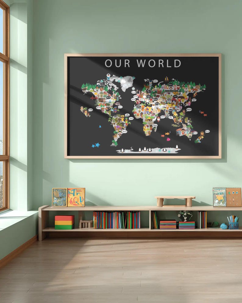 Kids World Map Poster | Playful Animals & People (digital Download) - Etsy