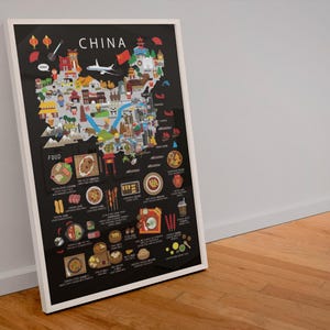 Poster Chine pour enfants : carte colorée et amusante avec des plats chinois pour une décoration de chambre d'enfant | Adorable oeuvre d'art murale éducative par Maison Maps