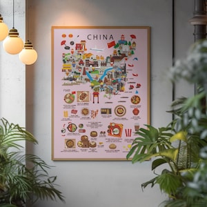 Poster China Kids rose - Carte colorée et amusante avec des plats chinois pour décoration de chambre d'enfant | Adorable oeuvre d'art murale éducative par Maison Maps