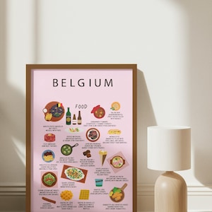 Poster cuisine belge rose | Art mural cuisine belge authentique | gaufres, frites, bière, moules | Décoration de cuisine | Cadeau de voyage | Décoration murale pour expatriés