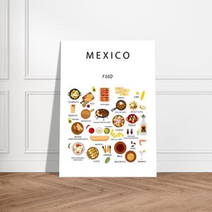 Poster de cuisine mexicaine blanc | Papier | Éducatif | A2 | A3 | A4 | 50 x 70 cm | Cuisine | Voyage | Décoration murale | Mexique | Cuisine | Art mural
