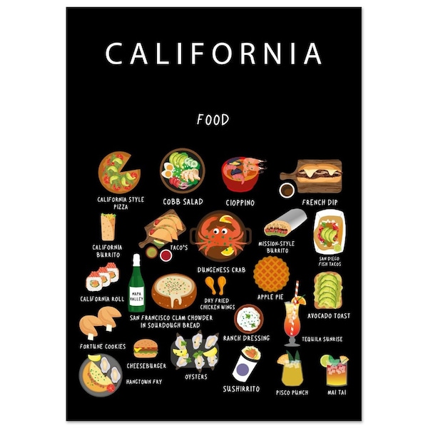 Poster de la cuisine californienne | Papier | Éducatif | 50 x 70 cm | Carte du monde | Cuisine | Voyage | Décoration murale | Etats-Unis | Gastronomie