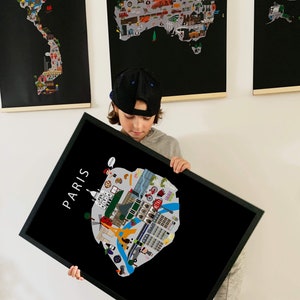 Poster per bambini di Parigi: mappa colorata e divertente con cibo francese per la cameretta dei bambini / Graziosa decorazione murale educativa di Maison Maps