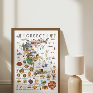 Poster Grèce pour enfants, blanc | Carte colorée de la cuisine et de la culture grecques pour chambre d'enfant | Décoration murale éducative amusante par Maison Maps