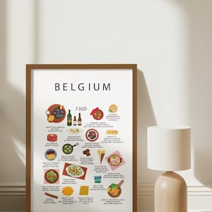 Belgium Food Poster White | Authentic Belgian Cuisine Wall Art | Waffles, Fries, Beer, Mussels | Kitchen Decor | Travel Gift | Expat Wall