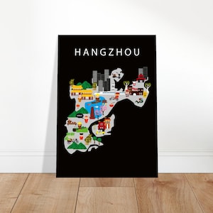 Poster per bambini di Hangzhou – Mappa divertente e colorata con paesaggi cinesi e snack di strada per la cameretta dei bambini / Graziosa decorazione murale educativa