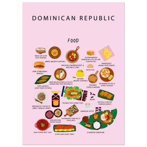 Poster di cibo della Repubblica Dominicana rosa / Arte murale della cucina caraibica tradizionale / Arredamento da cucina e da viaggio / Mangu / Sancocho / Idea regalo