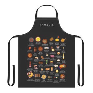 May include: Black apron with the word "ROMANIA" at the top. The apron features illustrations of various Romanian dishes and food items. The apron has a neck strap and waist ties.