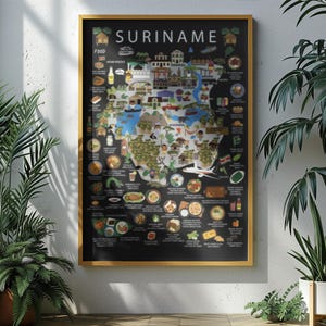 Poster du Suriname pour enfants - Carte colorée avec des plats traditionnels du Suriname pour chambre d'enfants | Décoration murale culturelle amusante par Maison Maps