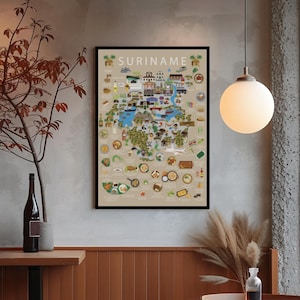 Suriname Kinderposter Beige – Landkarte mit traditionellen surinamischen Speisen fürs Kinderzimmer | Lustige kulturelle Wandkunst von Maison Maps