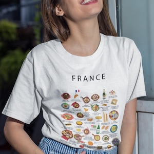 T-shirt pour gourmets français - Croissants, fromage, vin et plus - Cadeau de cuisine française pour les expatriés et les amateurs de cuisine