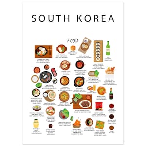 South Korea Food Poster White | Korean Cuisine Wall Art | Street Food | K-Food Gift for Expats and Foodies | Dosirak Decor