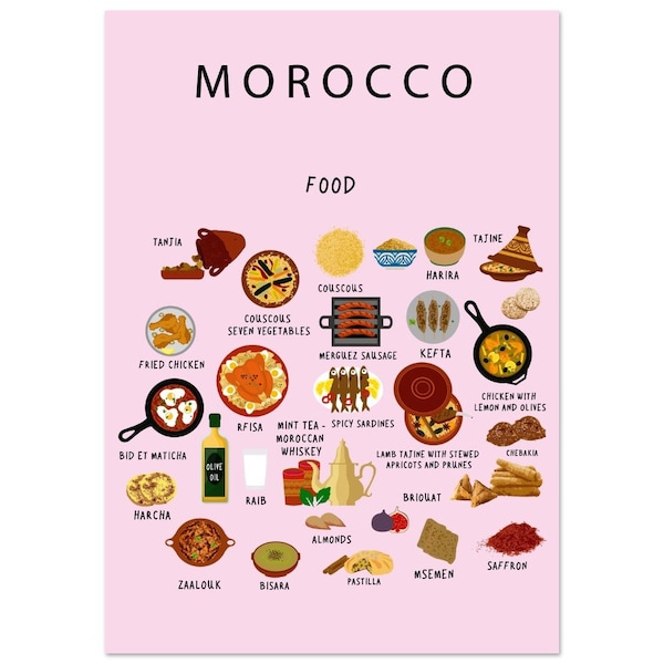 Poster représentant une cuisine marocaine rose | Papier | A2 | A3 | 50 x 70 cm | Carte du monde | Cuisine | Voyage | Décoration murale | Gastronomie