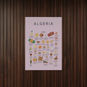 アルジェリア料理ポスター | アルジェリアの屋台料理ウォールアート | 北アフリカのキッチン装飾 | クスクス・ムハジェブ