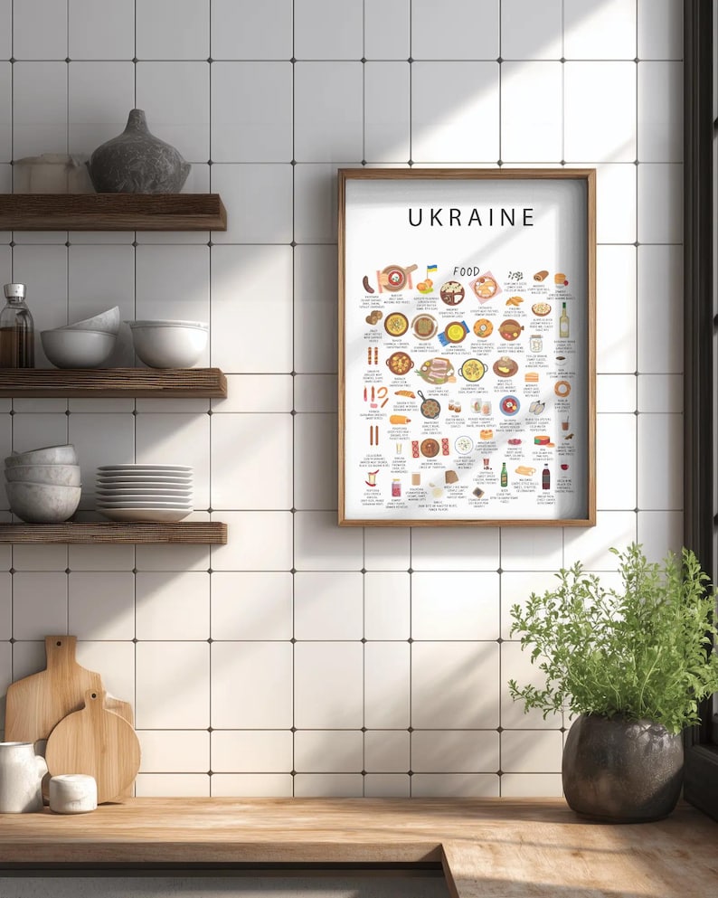 Ukraine food poster featuring borscht, varenyky, deruny, holubtsi, pampushky, syrnyky, kutia, and salo. Vibrant Ukrainian cuisine wall art for kitchen décor, restaurants, Eastern European food lovers, travelers, and perfect gifts for expats missing home.