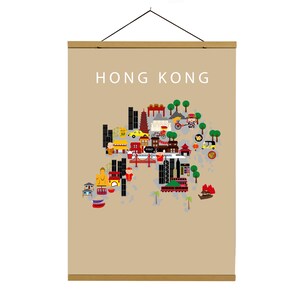Poster de couleur beige de Hong Kong | Papier | Éducatif | 50 x 70 cm | Enfants | Carte du monde | Chambre d'enfant | Voyage | Décoration murale salle de jeux