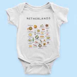 Dutch Food Baby Onesie – Stroopwafel, Herring, Poffertjes & Kroket Print | Funny Baby Bodysuit | Dutch Baby Shower Gift | Netherlands dishes
