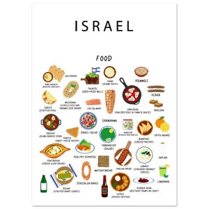 Poster représentant la nourriture d'Israël, blanc | Papier | A2 | A3 | 50 x 70 cm | Cuisine | Voyage | Décoration murale | Gastronomie