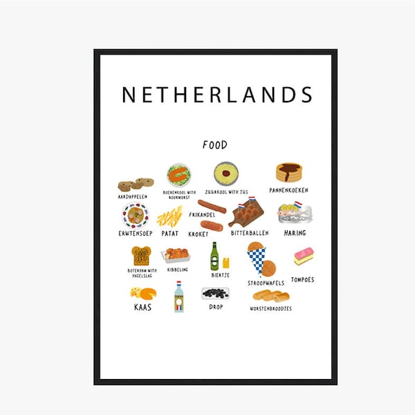 Poster von Dutch Food White | Papier | Lehrreich | A2 | A3 | A4 | 50x70 cm | Küche | Pommes | Wanddeko | Niederlande | Küche | Holland