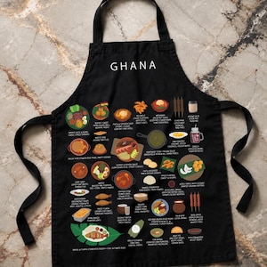 Ghana Food Apron featuring colorful illustrations of Jollof Rice, Kelewele, Fufu, Grilled Tilapia, Groundnut Soup, and Sobolo. Vibrant West African cuisine apron celebrating Ghana’s bold flavors and rich culture. Made from durable polyester canvas, perfect for home cooks and African food lovers. Ideal gift for foodies and travelers inspired by Ghanaian street food.