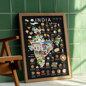 May include: A framed poster featuring a map of India, with a black background and a wooden frame. The poster displays illustrations of Indian food and landmarks, with the word "INDIA" at the top. The frame is made of light brown wood.