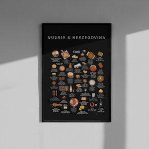 May include: A framed black poster featuring a detailed illustration of Bosnian cuisine. The poster includes the text "BOSNIA & HERZEGOVINA FOOD" at the top, with various food items labeled below. The poster is displayed on a gray wall.