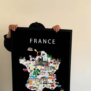 Affiche de France | Papier | Éducatif | 50 x 70 cm | Enfants | Carte du monde | Chambre d'enfant | Voyage | Décoration murale salle de jeux | Paris | Cannes | Agréable