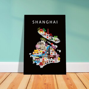 Poster per bambini di Shanghai: mappa divertente e colorata con punti di riferimento cinesi e cibo di strada per la cameretta dei bambini / Graziosa decorazione murale educativa