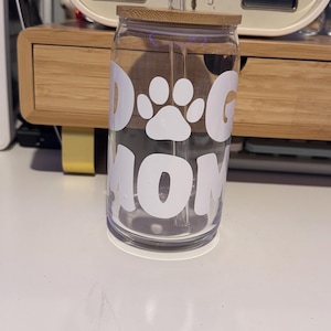 16 oz glass tumbler bamboo lid with dog mom design| iced coffee cup| gift