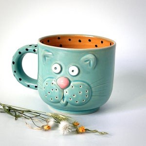 Large handmade ceramic mug "Mint-yellow cat with polka dots"for tea, cappuccino cup,  pottery mug with a cat, an author's cup.