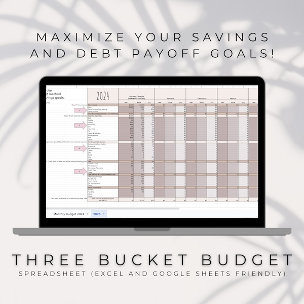 Three Bucket Strategy, Basic Monthly Budget Planner, Financial Planning Tool, Money Organizer, Sheets, Excel, Download, Neutral, Pink