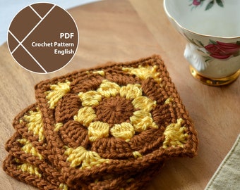 Granny Square Coasters Pattern, Sunflower Crochet Pattern,  Sunny Square, PDF for Instant Download