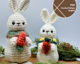 Mönster för virkad påskhare och morot, amigurumi för kaniner, utan sömnad, PDF för omedelbar nedladdning