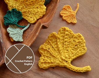 Patrón de crochet de hoja de ginkgo, hoja de otoño, aplique de otoño, PDF para descarga instantánea