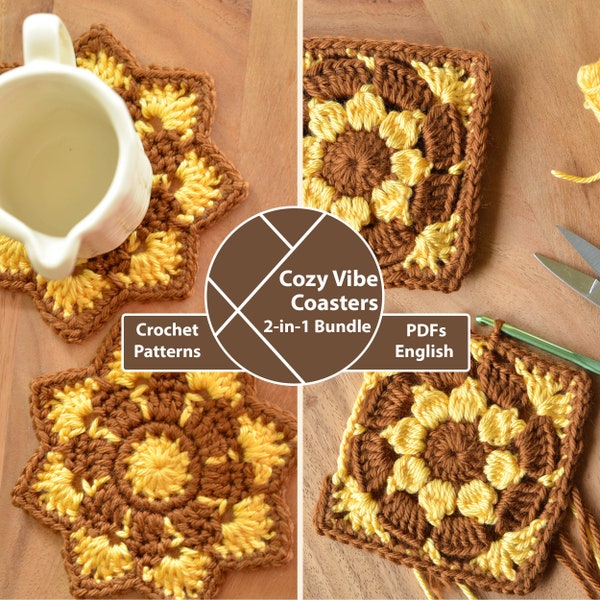 Crochet Pattern Bundle: Cozy Vibe Coasters, including Sunny Square and Sunshine Blossom, Sunflower Inspired