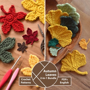 Herbstlaub Häkelanleitungen, Ginkgoblatt, Ahornblatt, Häkelapplikationen, PDFs zum sofortigen Download
