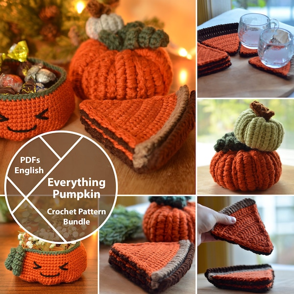 Everything Pumpkin Crochet Pattern Bundle, Curly Vine Pumpkin, Pumpkin Pie Coaster Set, Pumpkin Bowl, PDF for Instant Download