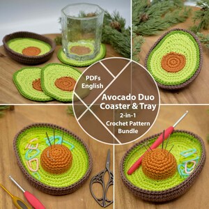 May include: Crochet pattern bundle for an avocado-shaped coaster and tray. The pattern includes instructions for making two coasters and a tray, all in green, brown, and orange yarn. The image shows the finished products, as well as the crochet hooks and other supplies needed to make them.