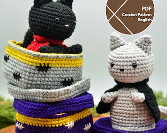 Bundel gehaakte kat en doos, amigurumipatroon, pdf voor directe download