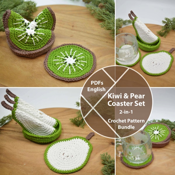 Kiwi and Pear Fruit Coaster Set Crochet Patterns, 2-in-1 bundle, PDFs for digital download